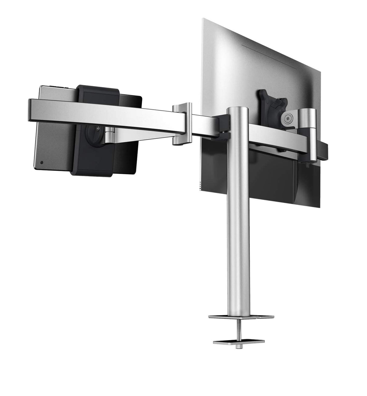 Durable Soporte de mesa Pro para 1 monitor de 21-27" y 1 tableta de 7-13", con paso de mesa, giratorio en 360°, inclinable, ajustable en altura, 508823, plata
