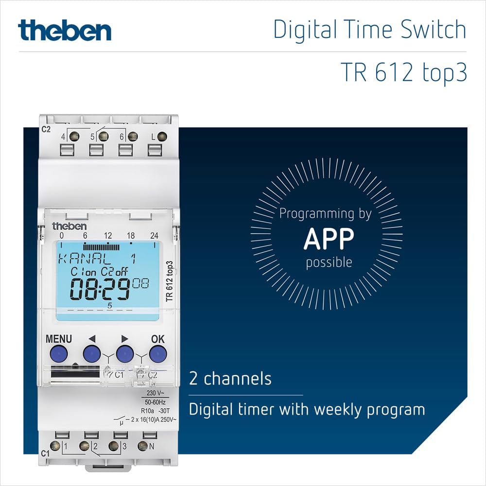 Theben 6120130 - TR612 Top 3 - Inerruptor horario Digital - 2 Canal - Carril DIN - 2 módulos - Programación Mediante aplicación (App)