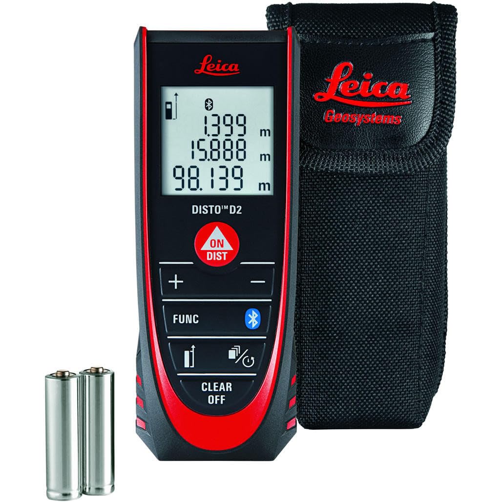 Leica DISTO D2: Medidor láser de distancia multifuncional con Bluetooth (se conecta a aplicaciones) para mediciones de distancia, área y volumen (uso en interiores y detección automática de extremo)