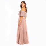 Maya Deluxe Women's Misty Green Bardot Embellished Maxi Dress Bridesmaid Vestido de Dama de Honor, Malva, 38 para Mujer