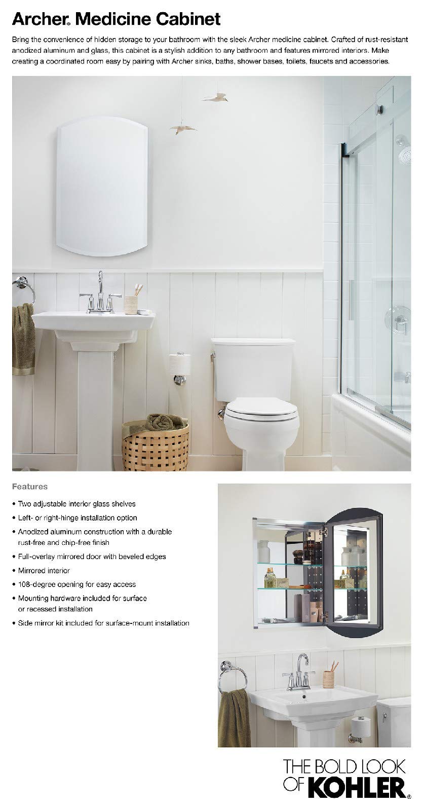 KOHLER, Botiquín de baño, Puerta única con Espejo, Bordes biselados, Aluminio anodizado
