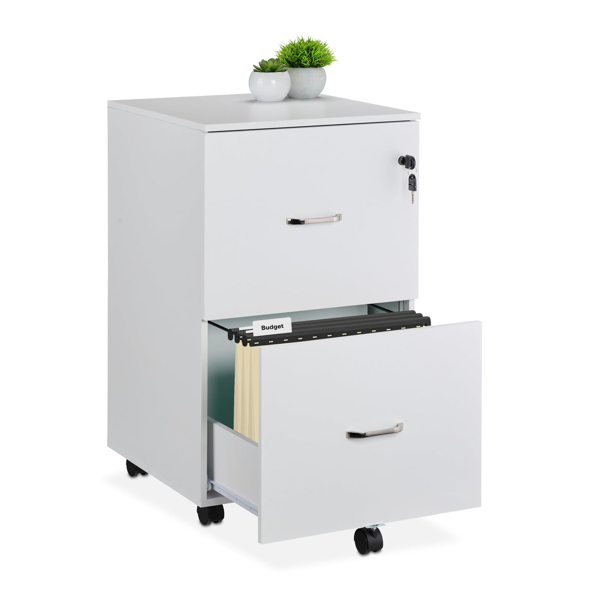 Relaxdays Mueble Archivador, 2 Cajones para Ficheros, 72 x 43 x 46 cm, Cajonera Oficina, Cierre con Llave, Blanco