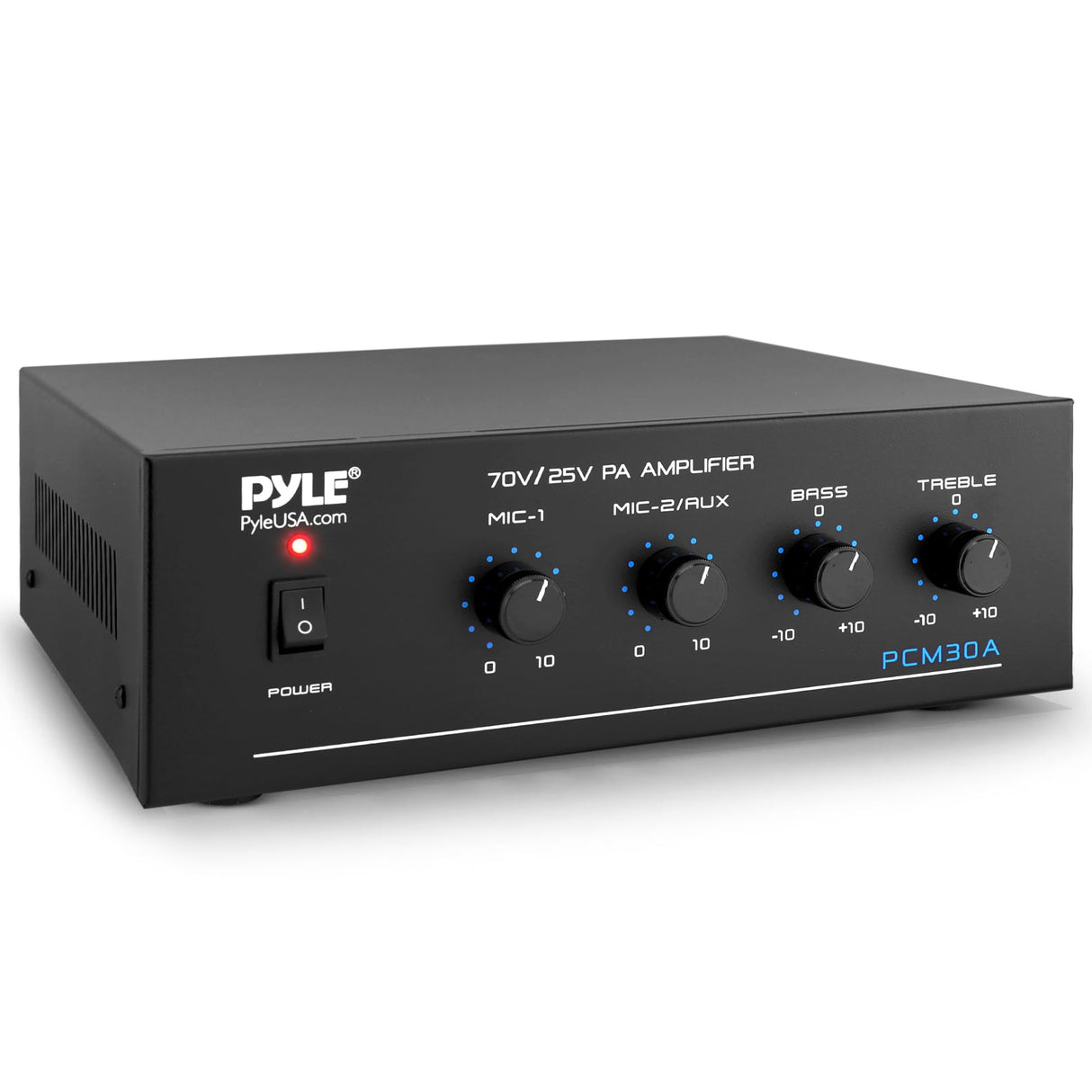 Pyle Mini Amplificador de Potencia, Compacto, Estereo, Potencia Maxima de 60V, RCA, 2 entradas de microfono, Salidas de 25/70 V, LED, Selector de Entrada para PA