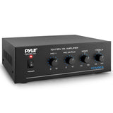 Pyle Mini Amplificador de Potencia, Compacto, Estereo, Potencia Maxima de 60V, RCA, 2 entradas de microfono, Salidas de 25/70 V, LED, Selector de Entrada para PA