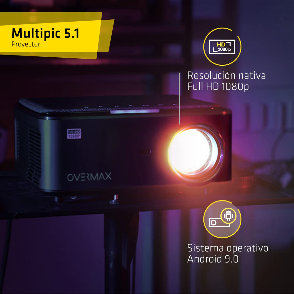 OVERMAX Proyector LED de 80 W con Pantalla de Espejo, Full HD 1080p hasta 200 Pulgadas, Altavoz Integrado, Sistema Android 9.0, duración de la lámpara: 50.000 Horas, Wi-Fi, Bluetooth, 2 HDMI, 2 USB,