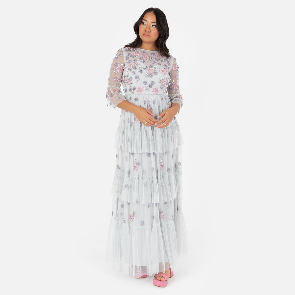 Maya Deluxe Women's Ladies Maxi Dress Round Neck 3/4 Sleeve Floral Sequin Embellished Ruffle A-Line for Wedding Guest Prom Ball Gown Vestido, Glacier Grey, 42 para Mujer