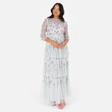 Maya Deluxe Women's Ladies Maxi Dress Round Neck 3/4 Sleeve Floral Sequin Embellished Ruffle A-Line for Wedding Guest Prom Ball Gown Vestido, Glacier Grey, 42 para Mujer