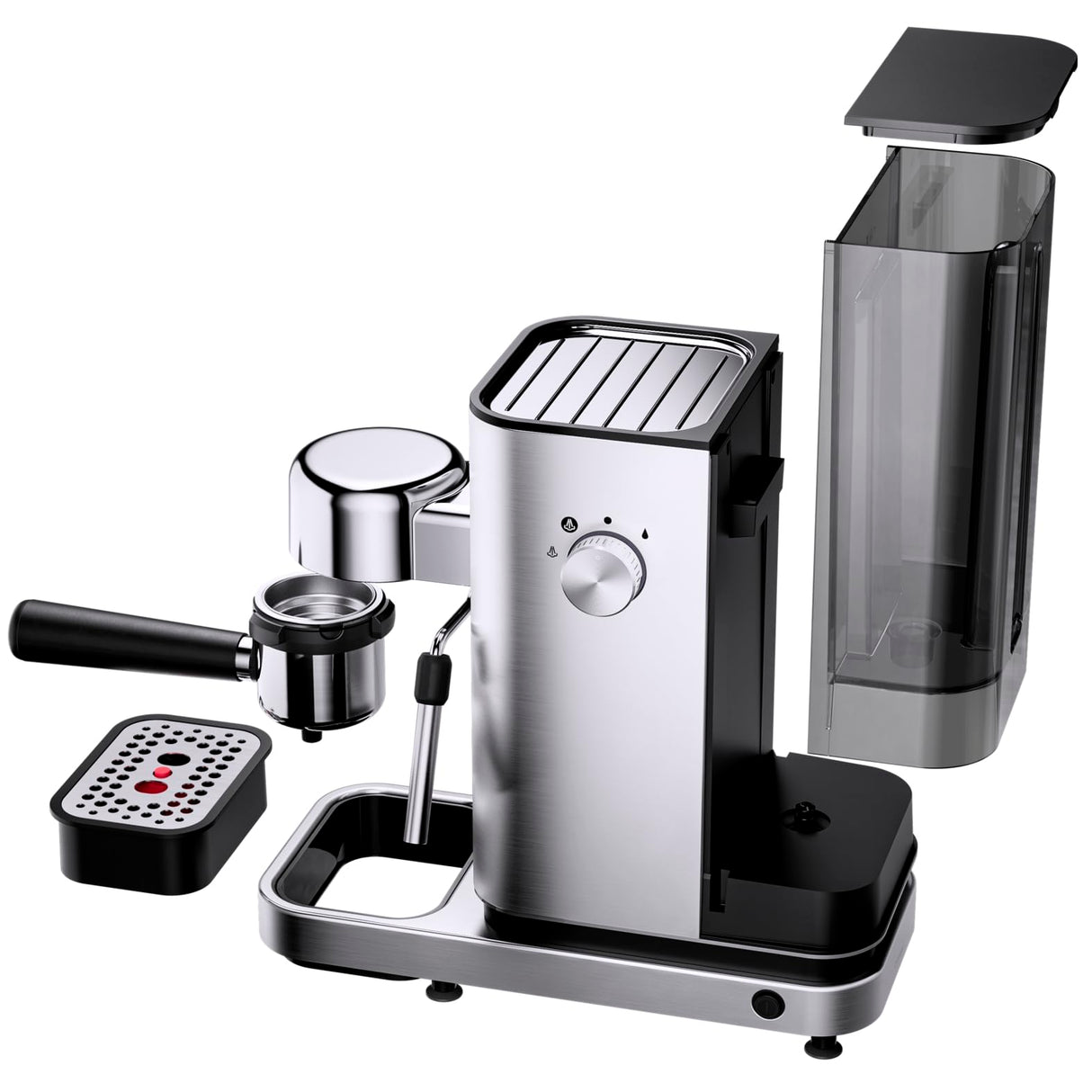 WMF Lono - Cafetera expreso con 2 portafiltros, 1350 W, para 1-2 tazas de espresso, 15 bares, reposavasos, espumador de leche, cuchara prensadora de café, acero inoxidable mate