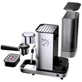 WMF Lono - Cafetera expreso con 2 portafiltros, 1350 W, para 1-2 tazas de espresso, 15 bares, reposavasos, espumador de leche, cuchara prensadora de café, acero inoxidable mate