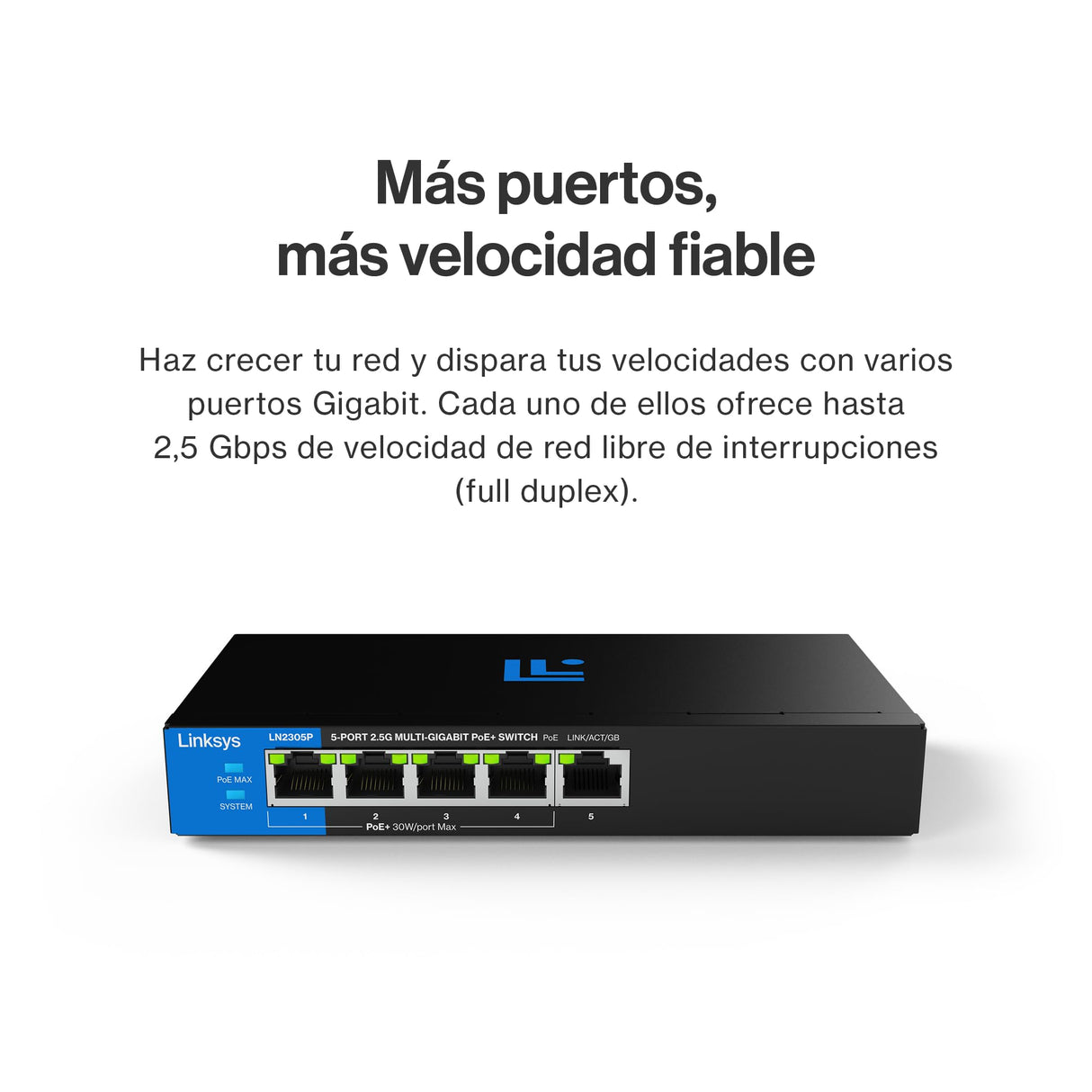 Switch PoE+ multigigabit Linksys no administrado de 5 Puertos y 2,5 G | Ethernet bajo Consumo | Control dúplex Completo | Oficinas pequeñas y domésticas | Sin Ventilador y metálico | PoE+ de 60 W