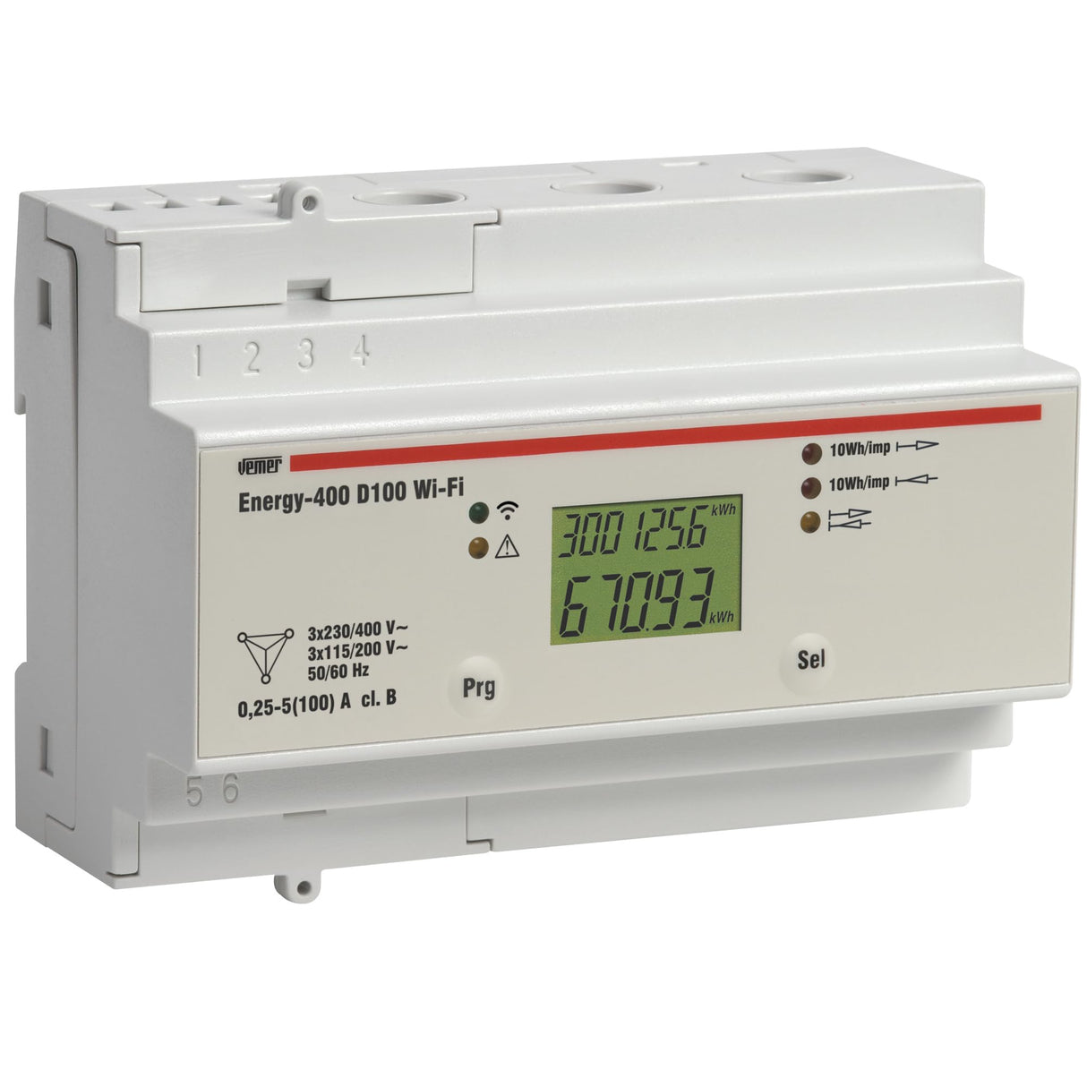 VEMER VE799300 ENERGY-400 D100 – Contador de Energía Eléctrica WiFi para Sistemas Trifásicos, Medidor de Consumo Eléctrico con APP, Instalación en Carril DIN, Blanco