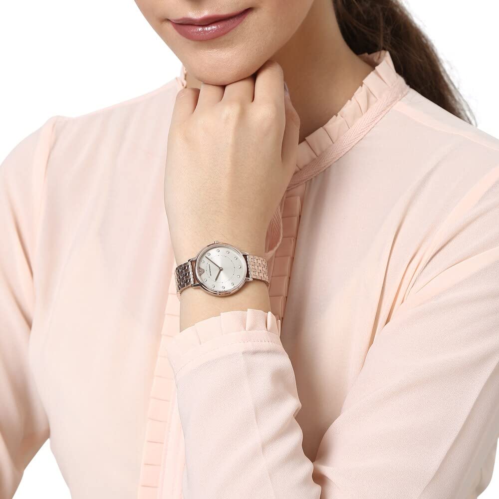 Emporio Armani Reloj de señora, movimiento de dos manecillas, caja de acero rosa de 32 mm con correa de acero, AR11062, Tono dorado claro