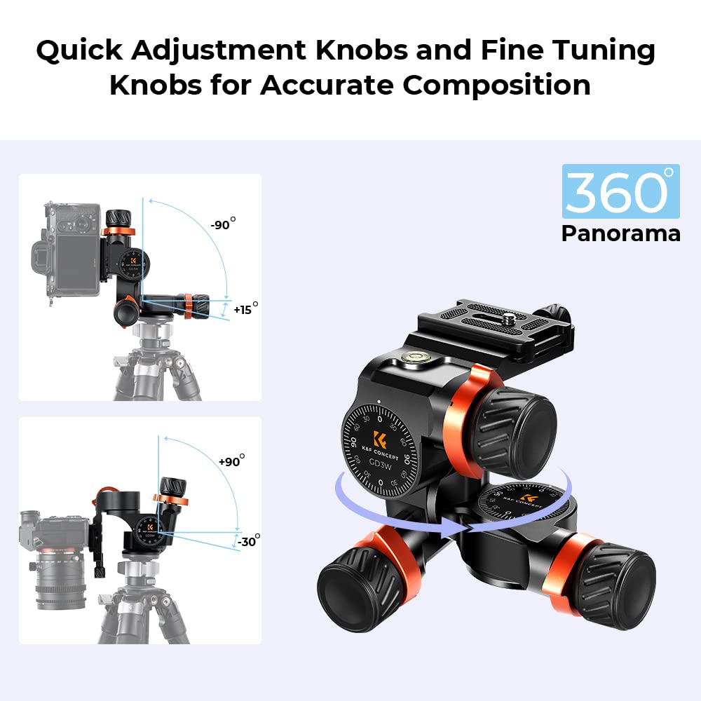 K&F Concept GD-3W Geared Tripod Head, Cabezal de 3 Vías para Trípodes,Cabezal de CNC Process Aluminio para Videocámaras,Equipamiento de Fotografía y Cámara,Creación de Contenidos,Vlogging Carga 6KG