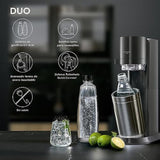SodaStream Duo Pack - Máquina Gasificadora de Agua Color Negro con 2 Botellas Fuse de 1L 2 Botellas Fuse Glass de Cristal de 1L y 1 Cilindro de Gas Color Rosa, para Preparar hasta 60L de Agua con Gas