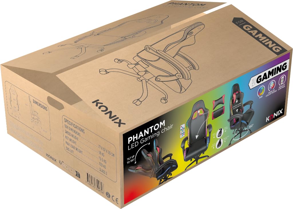 Konix Silla Gaming Phantom - Iluminación RGB - Inclinación del Asiento 135° - Cuero sintético Liso - Cojín Lumbar y Cervical - Negro