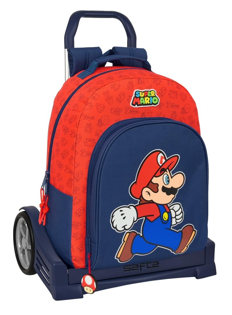 Safta SUPER MARIO TRICK - Mochila Escolar, Espalda Ergonómica, con Carro Evolution, Ideal para Niños de Diferentes Edades, Cómoda y Versátil, Calidad y Resistencia, 32x15x42 cm