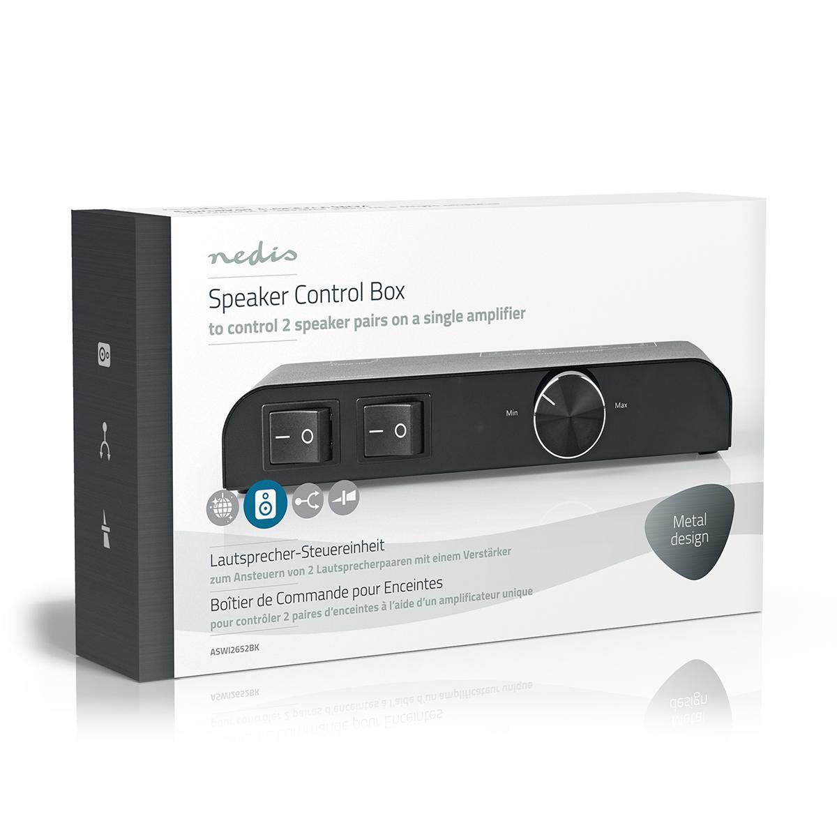 Nedis caja de control de altavoces - Conmutación entre dos pares de altavoces o reproducción simultánea - Dos interruptores basculantes separados y un control de volumen - 4-16 ohmios, 60 W - Negro