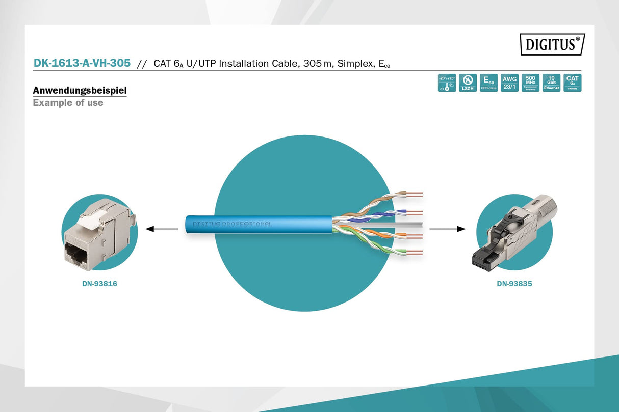 DIGITUS 305 m de Cable de red Cat 6A, U-UTP Simplex, BauPVO Eca, LSZH Libre de Halógenos, 500 MHz de cobre AWG 23/1, Compatible con PoE+, Cable LAN Cable de instalación Cable Ethernet, Azul