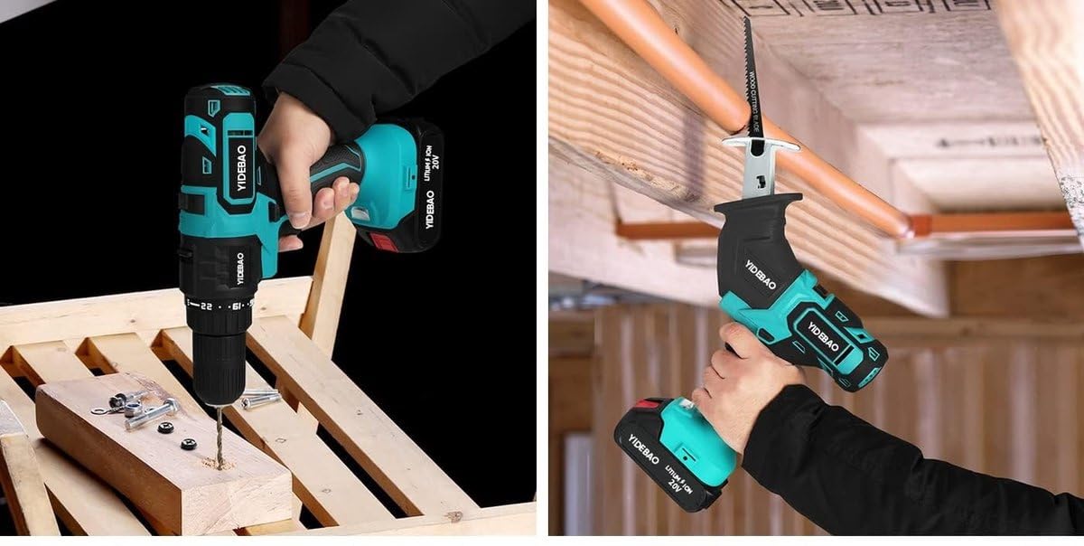 ROYALTY LINE, Juego de taladro inalámbrico 7 en 1 con motosierra, bomba de aire, amoladora angular, llave de impacto, 2 baterías de 24 V, bolsa de almacenamiento - Tamaño: Compacto, Color: Azul