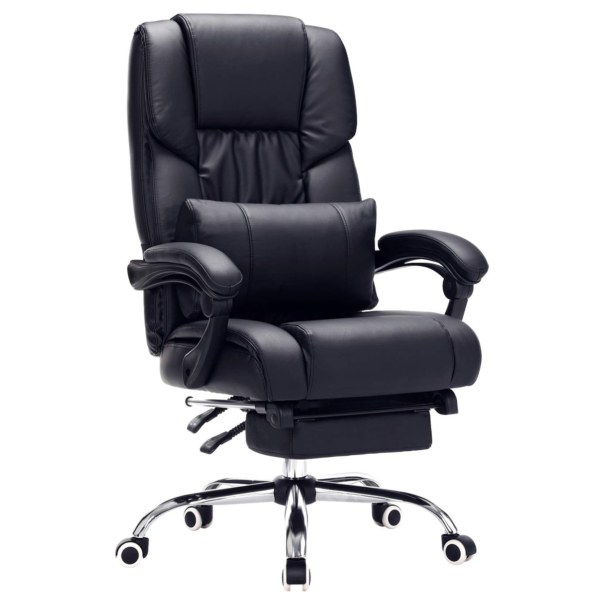 SONGMICS Racing Silla de Escritorio computadora Oficina Ergonómica con reposapiés Plegable PU Metal Cromado Negro 150 kg OBG71B