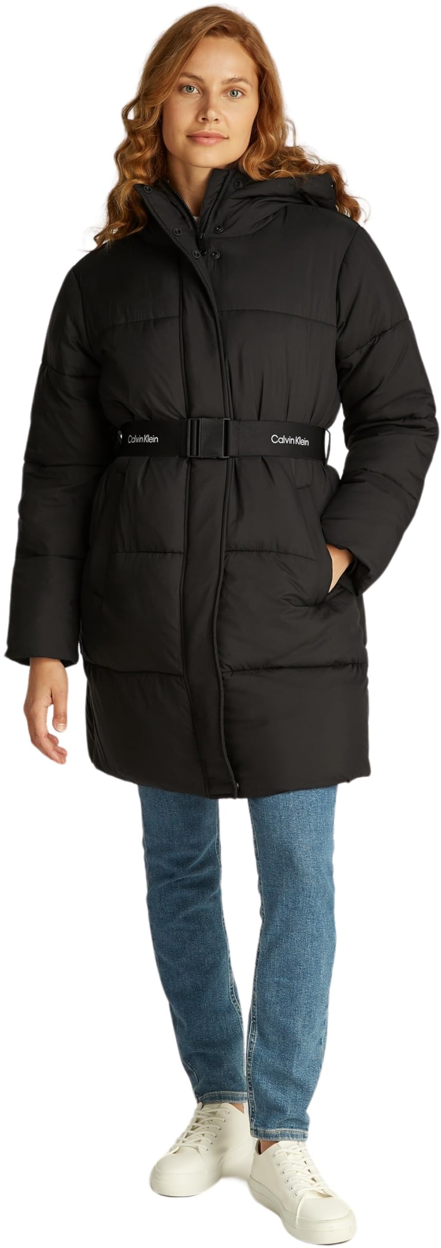 Calvin Klein Abrigo Mujer Logo Belt Long Puffer con cinturón, Negro (Ck Black), XS