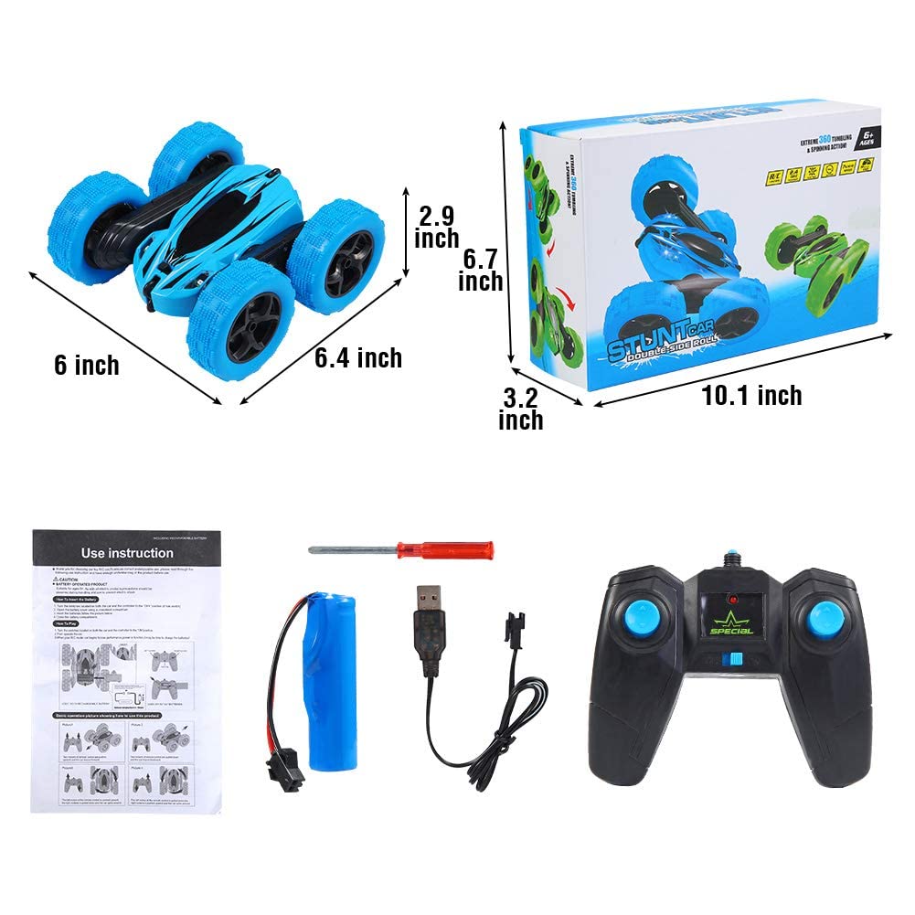 FunsLane RC Stunt Car con Control Remoto, 2.4 GHz RC Racing Trucks Off Road, 4WD Doble Cara 360 ° Giros y Volteretas RC Crawler Juguetes al Aire Libre para niños, Azul