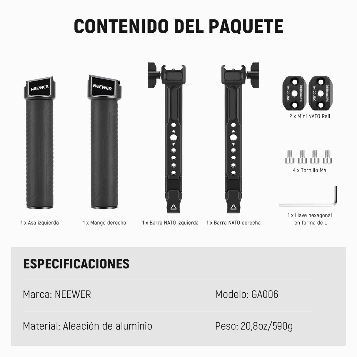 NEEWER Mango dual compatible con DJI RS4 RS4 Pro RS3 RS3 Pro RS2 RSC2 Ronin S SC cardán, kit de doble mango con 2 mini rieles NATO, abrazaderas NATO de liberación rápida, roscas de 1/4 y 3/8 pulgadas,