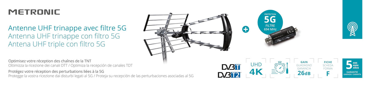 Metronic 415054 - Antena TDT Exterior 26 DB + Filtro de 694 MHz, 4G/5G, Plegable, Horizontal-Vertical, Toma F