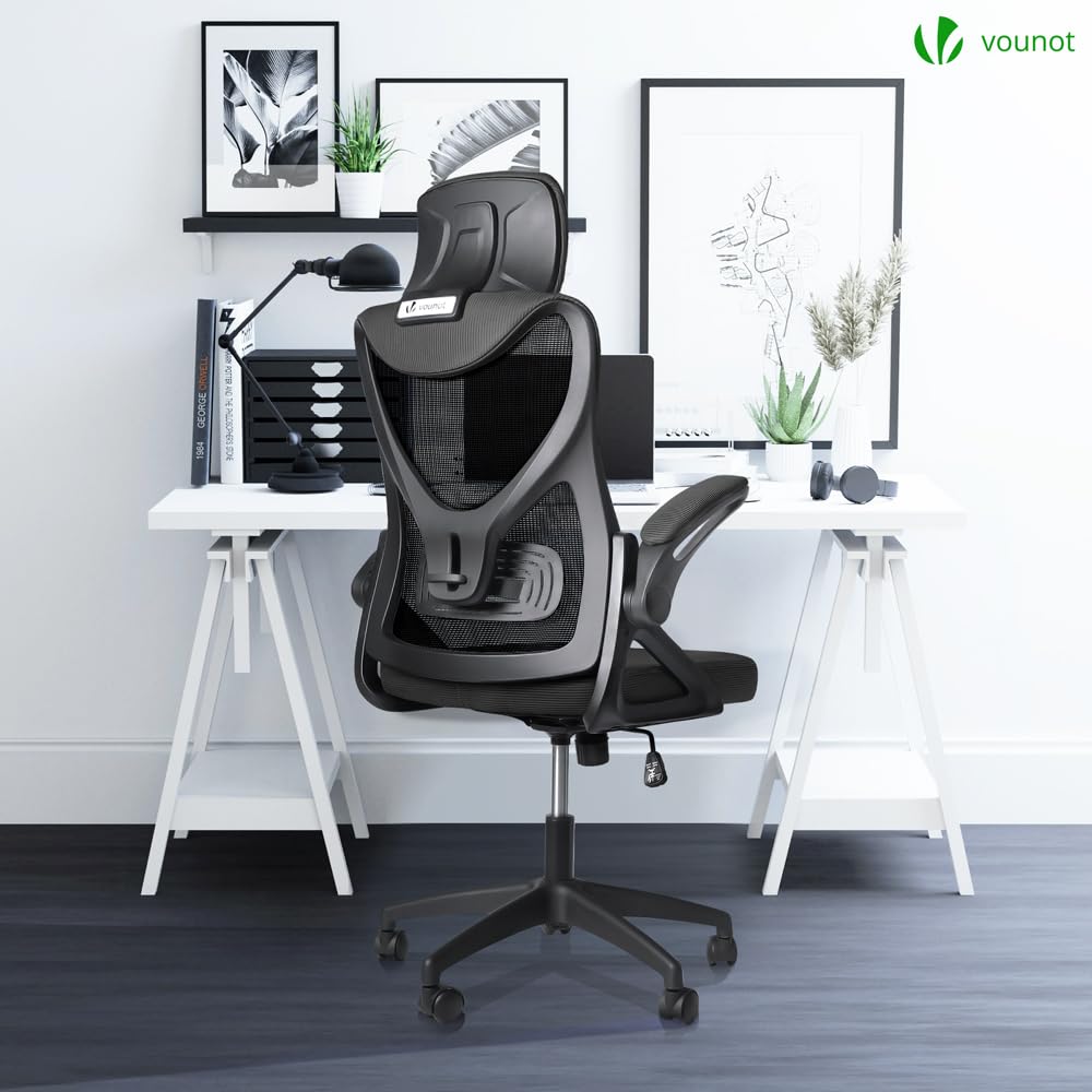 VOUNOT® Silla Oficina Ergonómica, Silla de Escritorio para Ordenador, Ajustable y Reclinable con Reposacabezas, Soporte Lumbar y Reposabrazos Abatibles, Malla Transpirable Ruedas Giratorias 360° Negro
