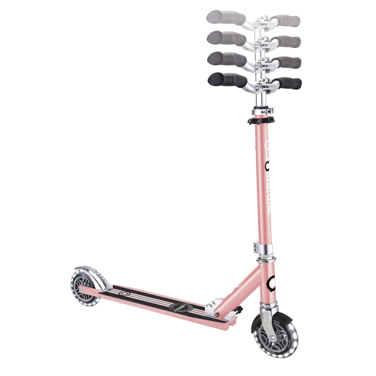 Globber - Flow Element Lights - Patinete Plegable de 2 Ruedas con luz LED, Freno Trasero y Manillar Ajustable, Desde los 5 años, para niños y Adolescentes - Rosa Dorado