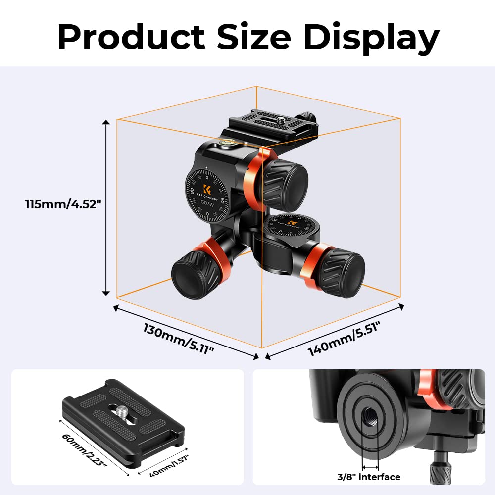 K&F Concept GD-3W Geared Tripod Head, Cabezal de 3 Vías para Trípodes,Cabezal de CNC Process Aluminio para Videocámaras,Equipamiento de Fotografía y Cámara,Creación de Contenidos,Vlogging Carga 6KG