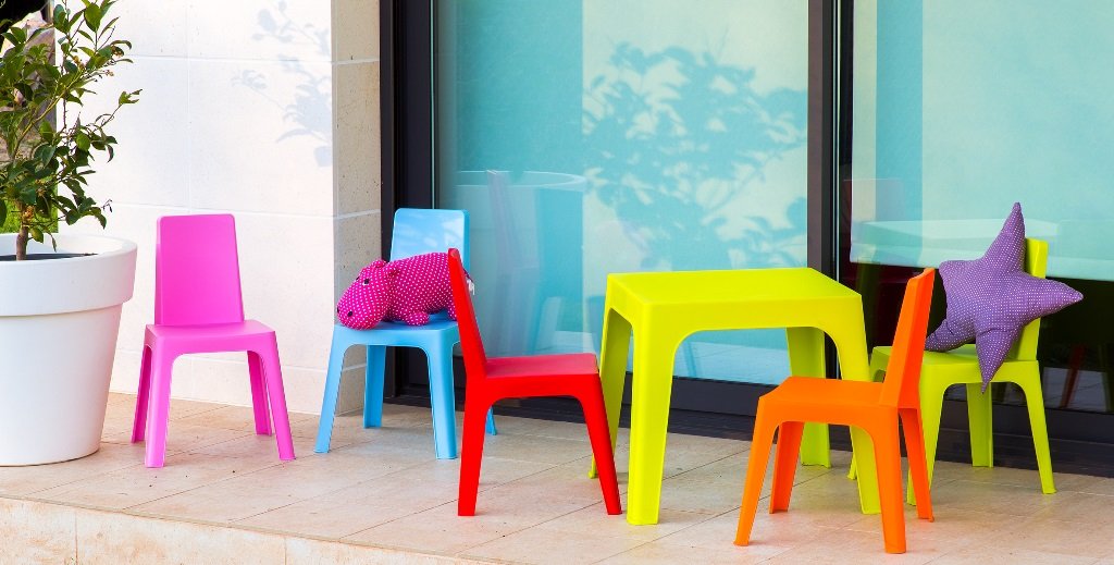 Resol Set Julieta Mesa Infantil y Sillas Mesa y Silla para Niños Muebles Infantiles Mesa Exterior Mesa Exterior jardín - 1 Mesa Lima + 4 Sillas Roja/Rosa/Azul/Naranja
