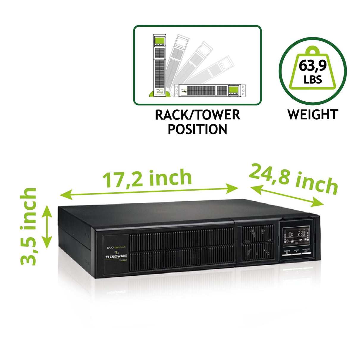 Tecnoware Power Systems SAI EVO DSP Plus 3600, Alta Protección contra Apagones, Autonomía hasta 40 Min, 8 Salidas IEC, Alta Eficiencia 94%, Interfaz USB/RS232/SNMP, Potencia 3600 VA