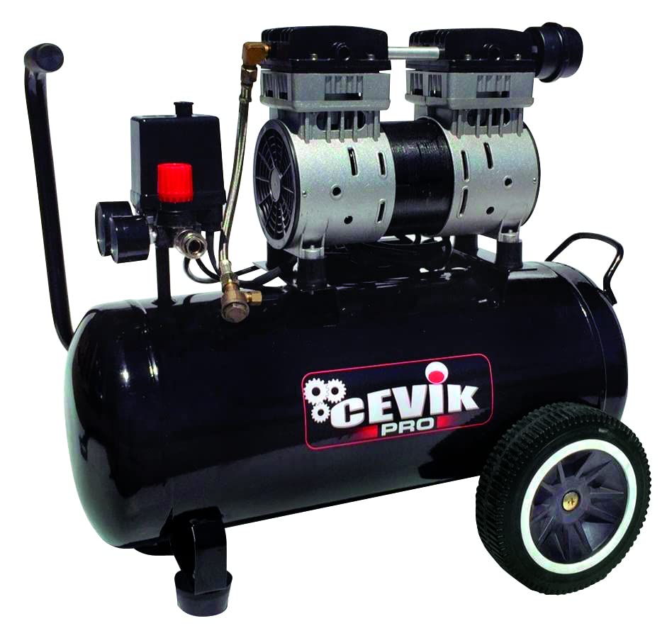 CEVIK PRO - CA-PRO24SILENC - Compresor Aire Silencioso - 62 dB - 24L - 1.5HP - Máx 8 Bar - 150 l/min - Sin Aceite - Dos Salidas de Aire - Compacto y Portátil - Compresor de Pintura y Neumática