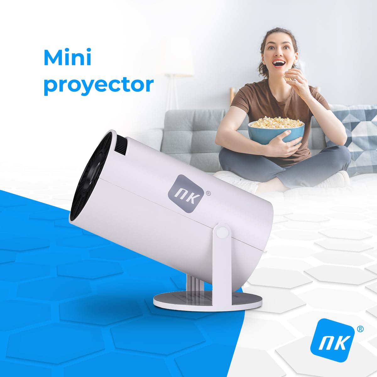 NK Mini Proyector Portátil - Resolución Full HD 1080P (Soporta 4K), Android, WiFi, Bluetooth, Mirror Link, Cristal 2.69" LCD, Altavoz Incorporado, HDMI y USB, Rotación 180°, (10'8 x 10'3 cm)