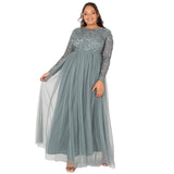 Maya Deluxe Vestido Maxi de Manga Larga Adornado Maya para Dama de Honor Formal, Verde Neblina, 48 para Mujer