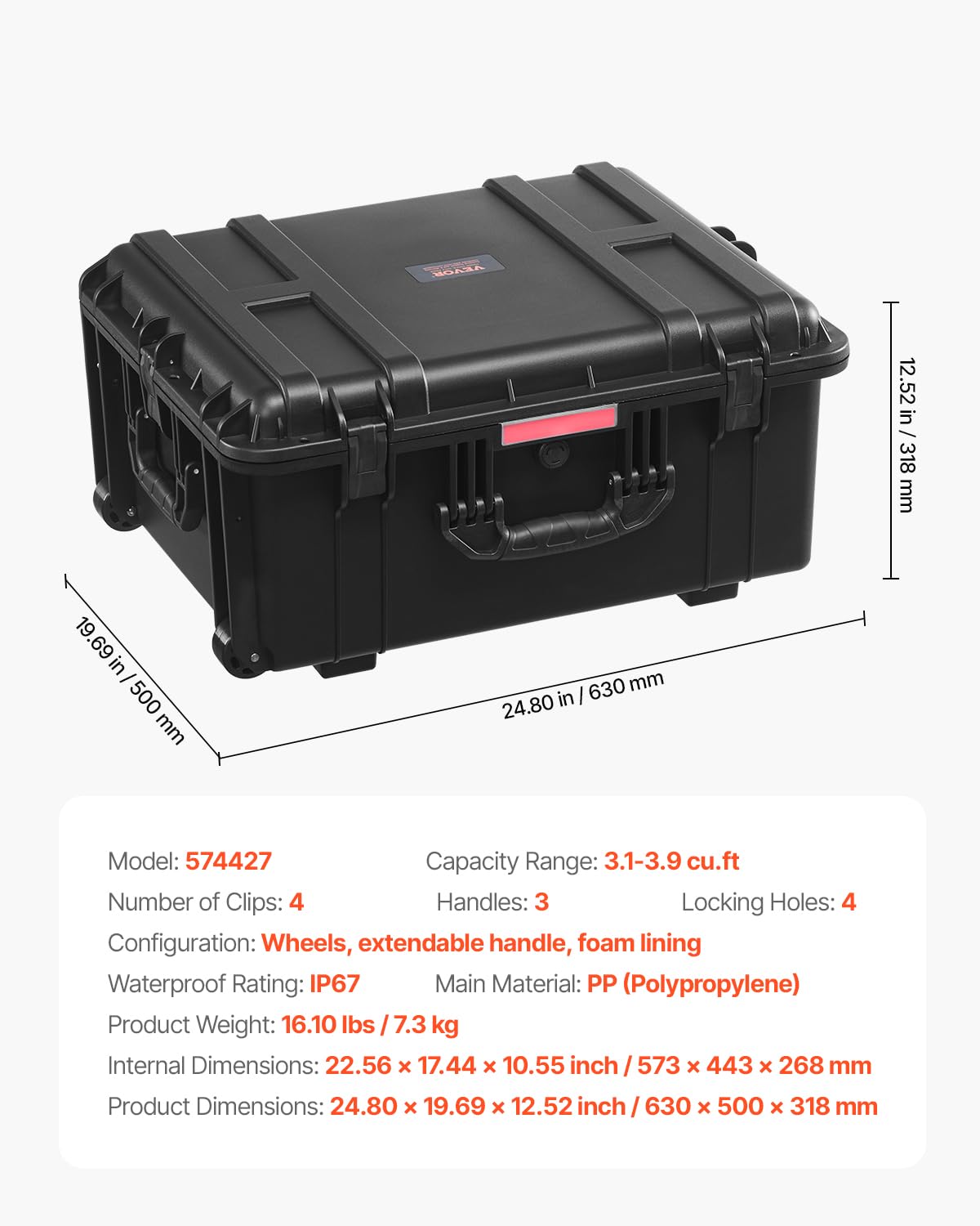 VEVOR Estuche Rígido Impermeable de 630 x 500 x 318 mm con Ruedas Giratorias y Manija Retráctil, Estuche Protector Impermeable IP67 con Clips, Orificios para Candado y Espuma Insertada, Negro