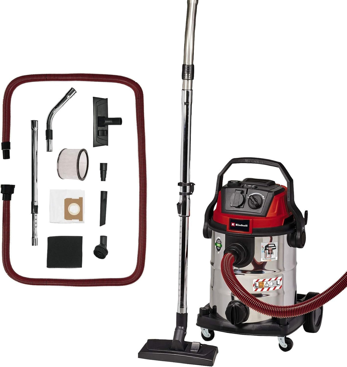 Einhell Aspirador en seco y húmedo TE-VC 2025 SACL (1200 W, clase de polvo L, para polvos con valores MAK >1 mg/m³, 25 L, limpieza de filtros, enchufe de aparatos, incl. varias boquillas y filtros)