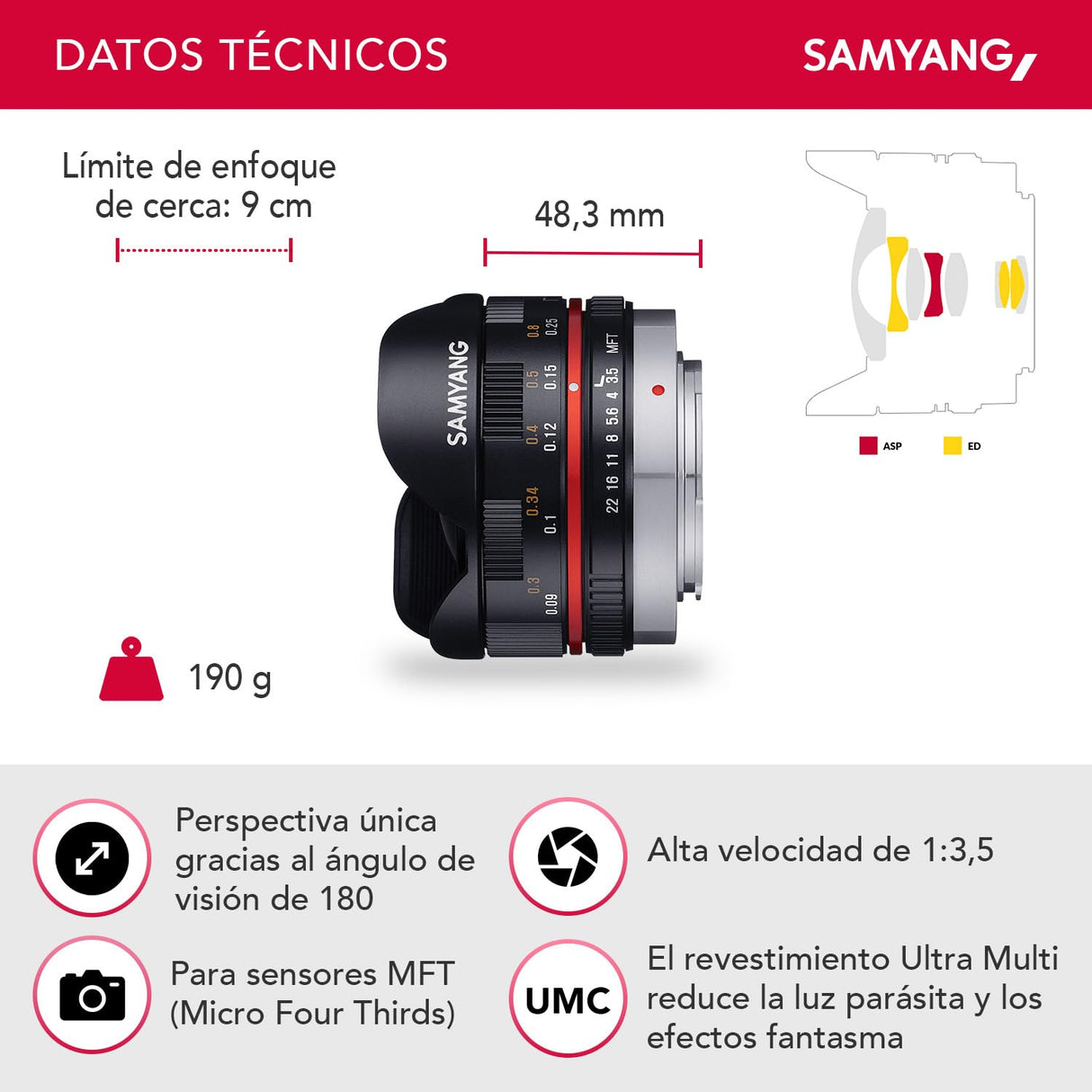 Samyang 7,5/F 3,5 UMC Fish-Eye MFT - Objetivo fotográfico para Micro Cuatro Tercios, Negro