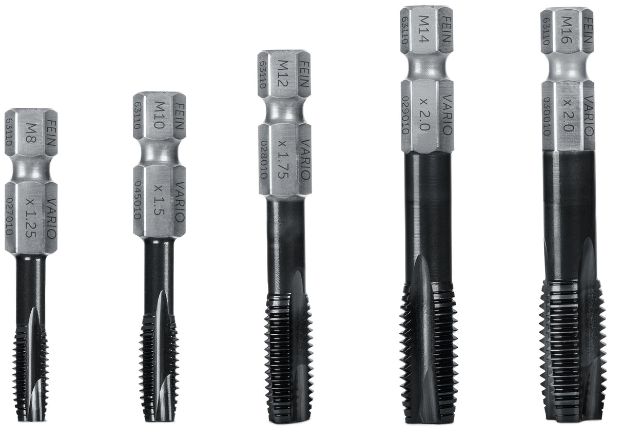FEIN Set de machos de Roscar VARIO para Agujeros Pasantes,5 piezas, 1X M8, M10, M12, M14 mm, M16 en embalaje cilíndrico. Alta Resistencia del Material, a poco desgaste y fricción, Accesorio Roscador