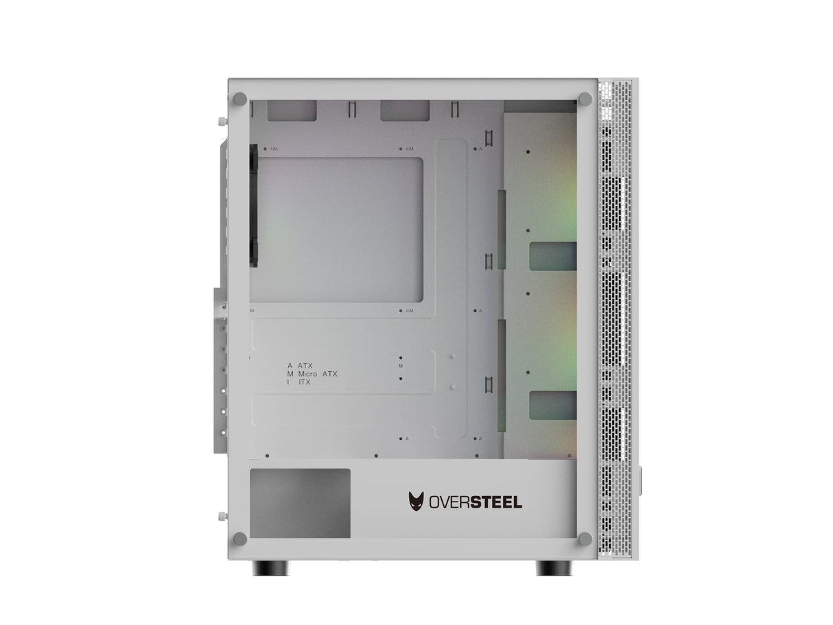 Oversteel - Azurite Caja Pc Gaming Compatible con Placas ATX, Micro ATX e ITX, 4 Ventiladores 120mm A-RGB Incluidos, Frontal Mallado, Instalación Vertical, Cristal Lateral Templado, USB 3.0, Blanco
