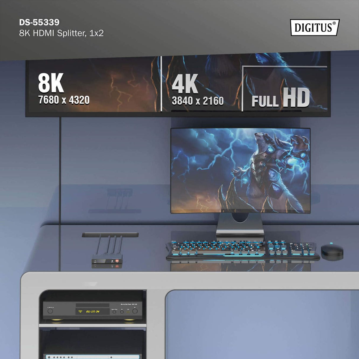 DIGITUS DS-55339 Divisor HDMI 1x2 – Entrada: 1 Puerto/Salida: 2 Puertos – UHD 8K/60 Hz HDTV: 7680 × 4320p – HDCP 2.3 & HDMI 2.1 – HDR, Deep Color, Interruptor EDID – Toslink, Estéreo (3,5 mm)