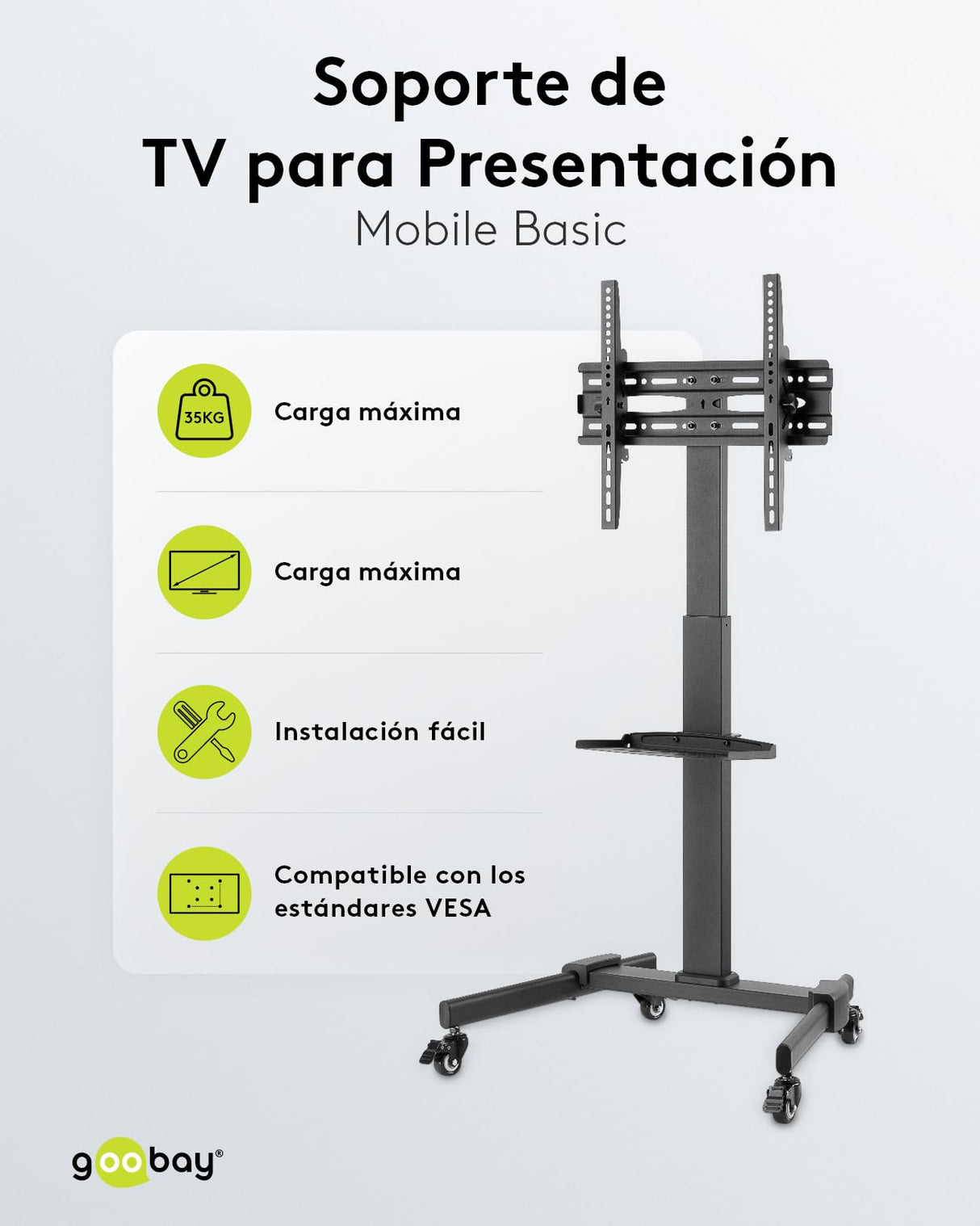 Goobay 59507 Soporte de TV móvil con Ruedas para televisores y monitores de Entre 37" y 70" (94-180cm) / Inclinable y Ajustable en Altura/Soporte de TV para TV Plana y TV Curva de hasta 35 kg