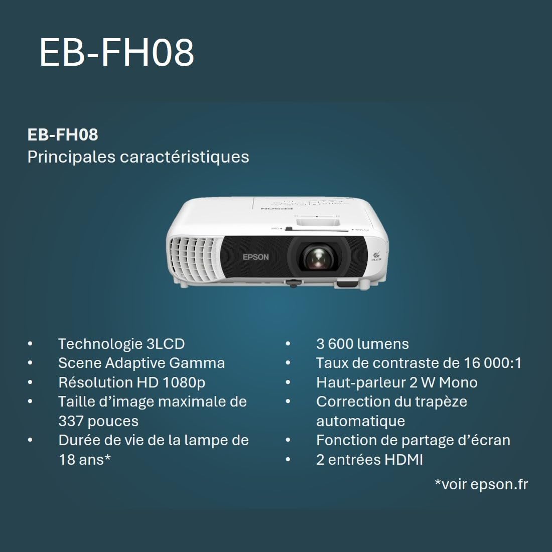 Proyector EB-FH08 Full HD con lámpara, 2 puertos HDMI, impresionantes tamaños de imagen sobre pantallas de hasta 337″ y 3600 lúmenes de luminosidad