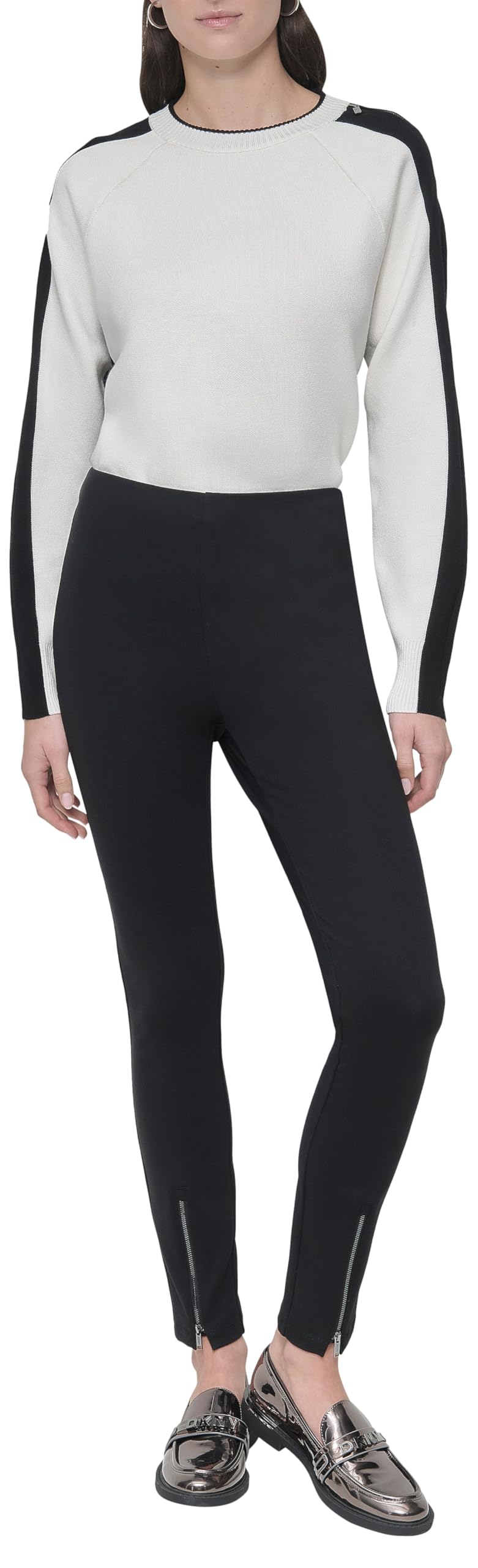 DKNY Pull On Ponte Pant W/Zipper Detail Pantalones, Negro, L Mujeres