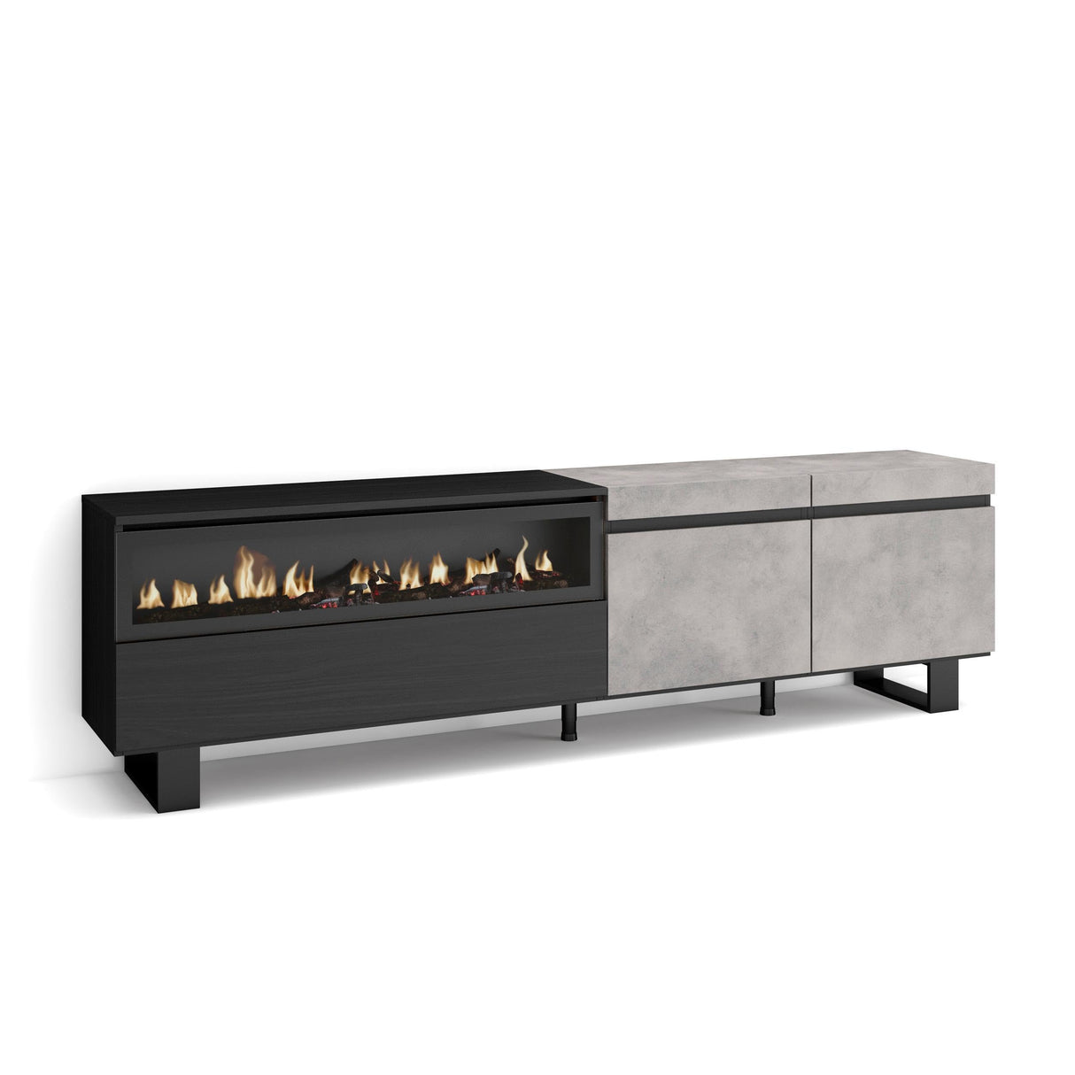 Skraut Home | Mueble TV | Televisión | Muebles de salón, almacenaje | 200x57x35cm | para TV hasta 80" | Chimenea eléctrica | Diseño Industrial | Estilo Moderno | Cemento
