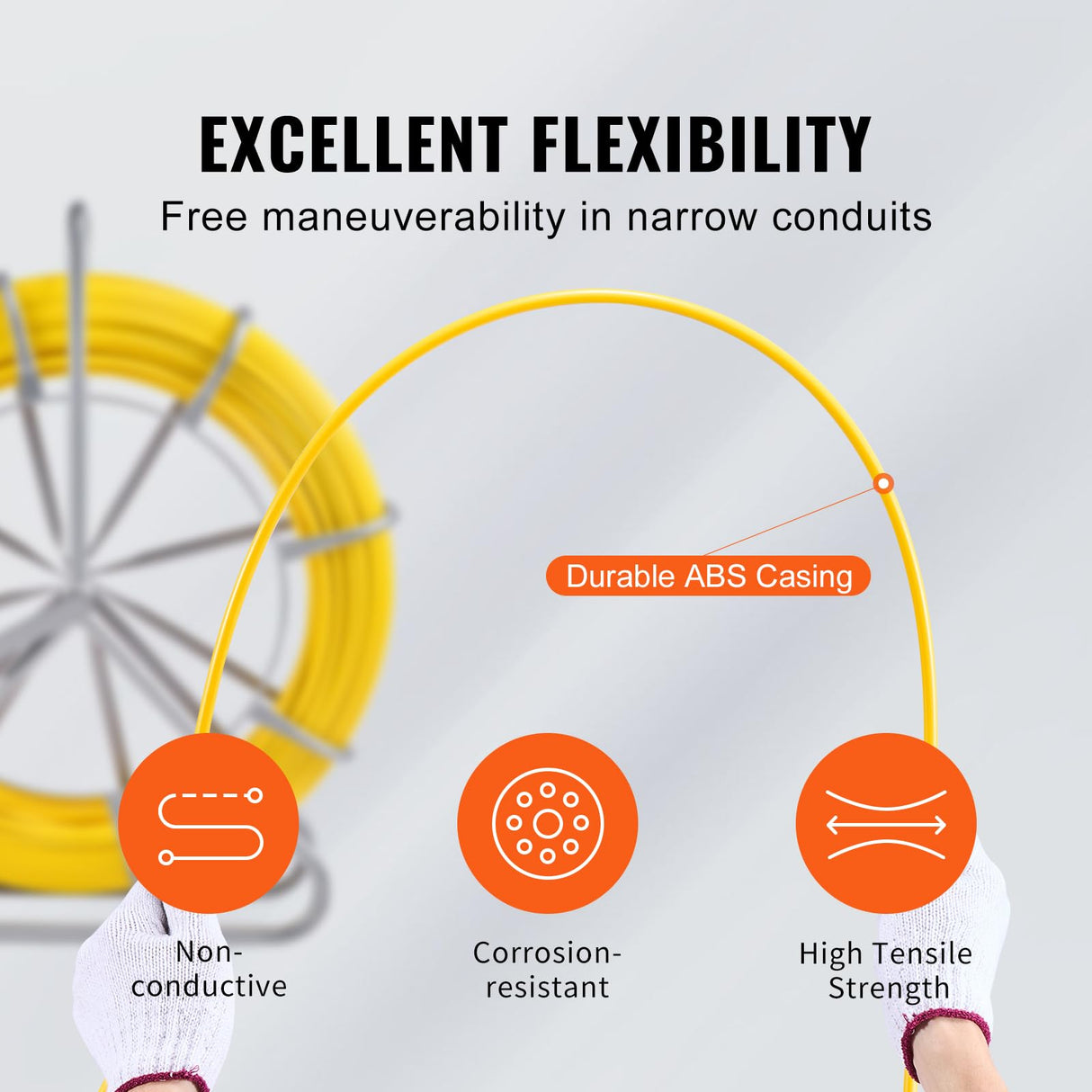 VEVOR Cinta de Pescado de Fibra de Vidrio de 200,09m Diámetro de 7,94mm Extractor de Cables con Varilla para Pasar Cables, Soporte de Carrete de Acero, 3 Cabezales de Extracción, Herramientas de Pesca