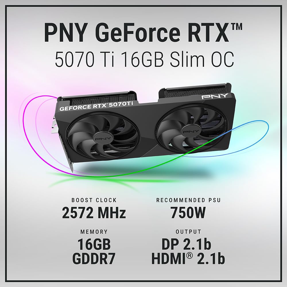 PNY Tarjeta Gráfica GeForce RTX™ 5070Ti Slim 16GB OC Doble Ventilador, 2-Slot