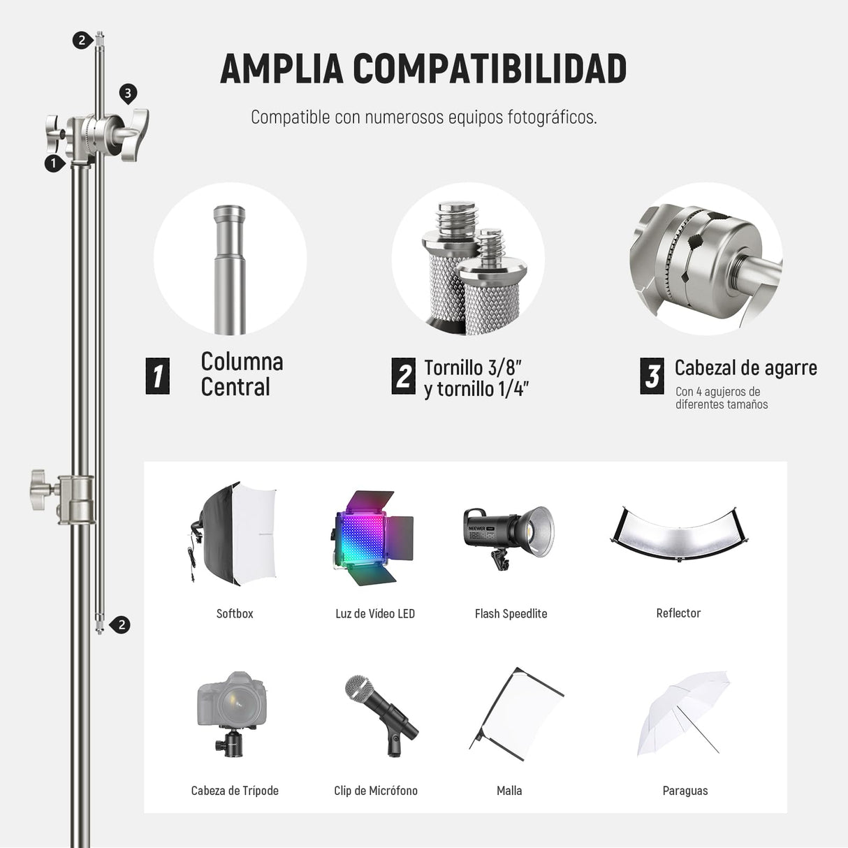 NEEWER Soporte C de Acero Inoxidable de 3,2m con Brazo de Pértigaa, Varilla Central más Gruesa, Carga Máxima 20kg, Fotografía Luz Soporte con Brazo de 1,27m para Monolight Softbox, SC320Q