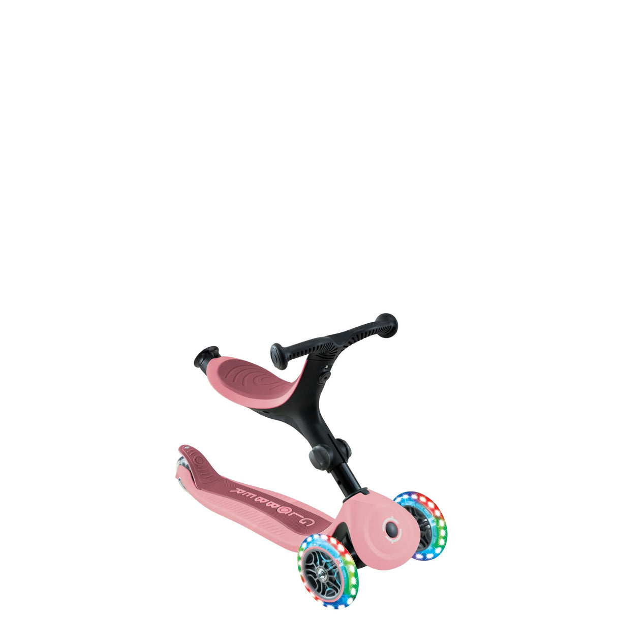 Globber - GO•UP Active Lights 360 - Patinete evolutivo con Asiento Giratorio 360°, reposapiés, Luces LED y 3 Ruedas, para niños de 15 Meses a 6 años - Rosa Pastel